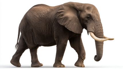 Obraz premium African elephant tusk wrinkled skin large ear trunk majestic African elephant walking with large tusk and textured wrinkled skin, neutral expression and isolated white background conveying natural
