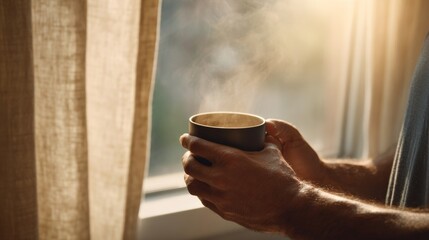 A man's hands holding a steaming cup of coffee by a sunlit window, creating a warm and cozy atmosphere.