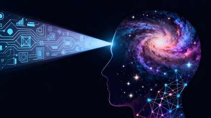 An abstract, futuristic image featuring the silhouette of a human head. The inside of the head contains a vibrant, colorful representation of the cosmos with stars and nebulae.