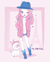 This charming image depicts a stylish girl with a dog, set against a Parisian backdrop, celebrating fashion and companionship in a whimsical and artistic fashion.