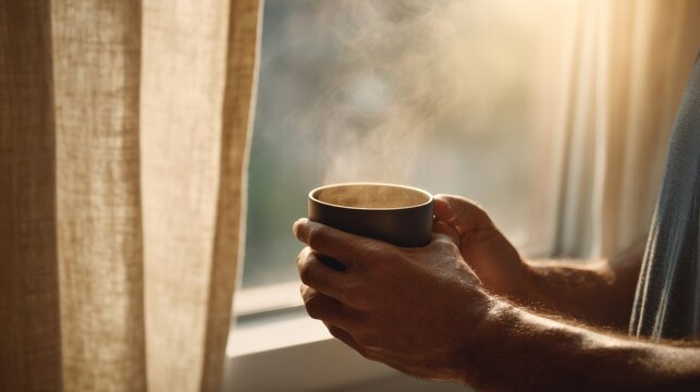 A man's hands holding a steaming cup of coffee by a sunlit window, creating a warm and cozy atmosphere.