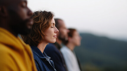 Group of diverse people meditating outdoors eyes closed peaceful expressions serene atmosphere nature background mindfulness practice relaxation calm unity wellness