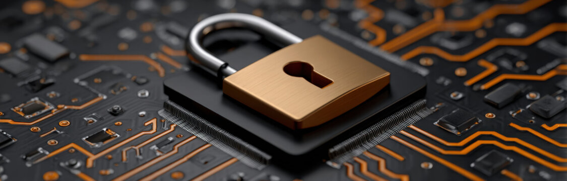 Gold padlock on circuit board representing cybersecurity protection, data encryption and secure network, dramatic closeup with warm orange traces and shallow depth of field