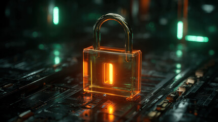 Transparent orange padlock glowing on circuit board, cyber security concept, illuminated lock symbol evoking protection and encryption in digital network