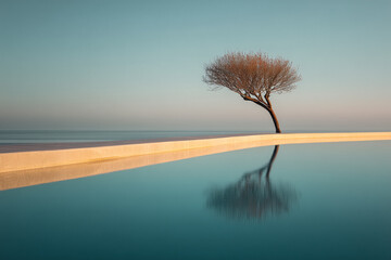 Serene waters reflecting a solitary tree at sunset offers tranquility and peace, ideal for wellness retreats, mindful escapes, and luxury travel promotions