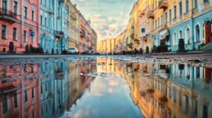A serene cityscape reflecting vibrant pastel buildings in a puddle after rain, capturing the charm of urban life.