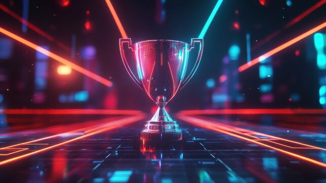 Shiny metal trophy cup glowing with red and blue neon lights on futuristic digital background of victory