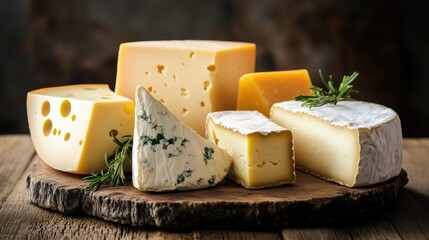 Assorted cheeses on a rustic wooden board with herbs, showing texture, variety, and natural color