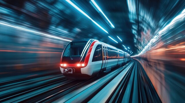 High speed subway train moving through illuminated tunnel with motion blur and futuristic lighting