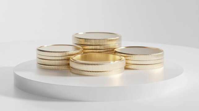 Shiny gold coins stacked on white round platform under soft light showing concept of wealth and success