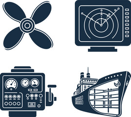 Marine Engineering Icons Ship Propeller Navigation Radar Engine Room