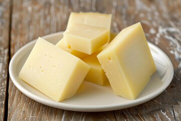 Pieces of cheese resting on white plate on rustic wooden table