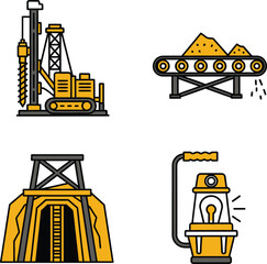 Mining Engineering Icons Drill Rig Conveyor Belt Mine Shaft Safety Lamp