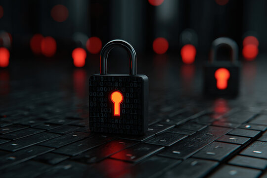 Cyber security lock glowing red keyhole on black keyboard with binary pattern padlock symbolizing data protection and network defense, dramatic moody lighting conveys urgency and digital safety