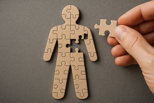 Professional Change promotion concept. Puzzle piece figure being completed by a hand.