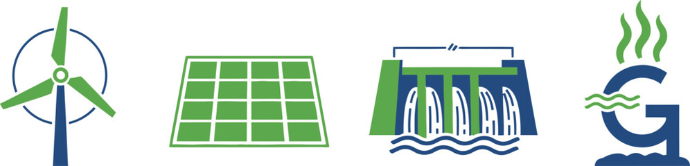Renewable Energy Systems Icons Wind Turbine Solar Panel Hydroelectric Geothermal.