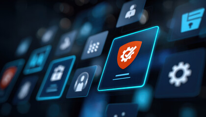 Digital security shield icon on glowing digital interface with user and gear tiles, futuristic cyber protection concept with soft bokeh and blue neon light effects