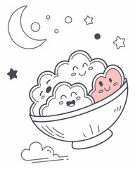 Minimilist bowl full of smiling clouds under a crescent moon and stars in a whimsical night sky illustration vector