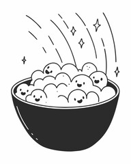 Minimilist a bowl filled with smiling cloud like faces and sparkling lines above in a black and white illustration vector