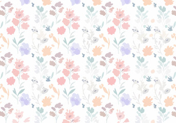 Seamless background of watercolor drawings of red flowers on a white background with leaves and branches