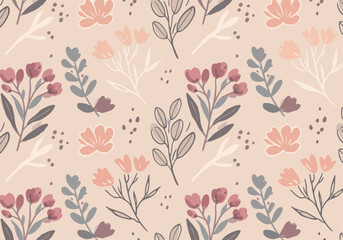 Seamless background of watercolor drawings of red flowers on a white background with leaves and branches