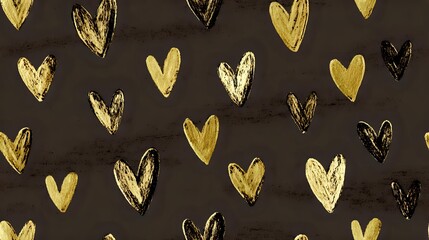 Gold brushstroke hearts scattered on dark brown background create romantic seamless pattern for Valentine's Day cards, wedding invitations and luxury packaging design.