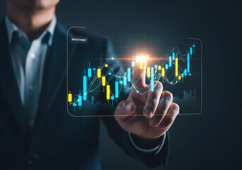 Businessman interacting with a futuristic stock market data display