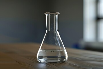 Glass erlenmeyer flask containing clear liquid stands on wooden table in laboratory setting, suggesting ongoing scientific research