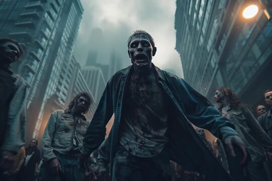 Apocalyptic dark city in the fog surrounded by zombies