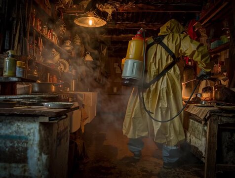 Pest control worker with protective suit fumigating an old kitchen infested with cockroaches
