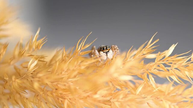 A cute jumping spider (Salticidae) standing on dried yellow grass. Vivid macro details and large, curious eyes.