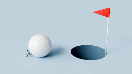 Man pushing a giant golf ball toward the hole with red flag, effort, challenge, precision, focus, determination, goal, success, 3d render