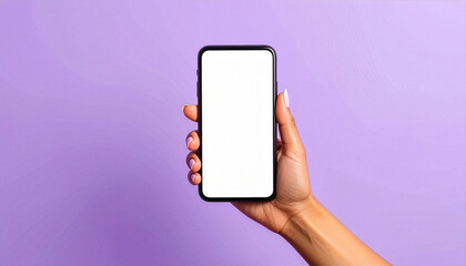 Female hand holding smartphone with blank screen on purple background