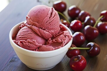 Refreshing cherry ice cream in a bowl is being served with fresh cherries on a rustic wooden table