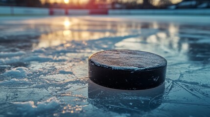 Isolated black ice hockey puck with scratches on it, perfect for sports training near stadiums.