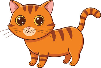 Cartoon orange tabby cat with stripes, big eyes, and friendly pose for pet, animal, children, and character illustration content