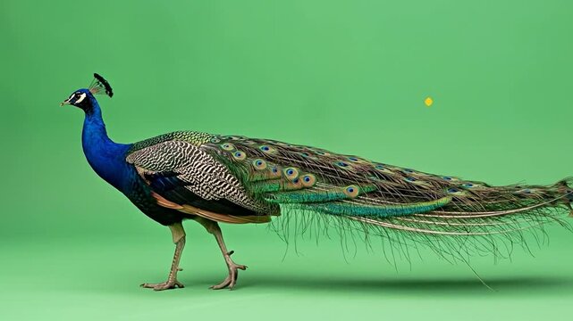 Majestic peacock struts confidently on green screen studio backdrop for dynamic video production