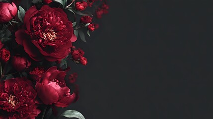 Naklejka premium Deep red peonies with lush petals and green leaves arranged against dark background create dramatic moody floral composition for luxury design projects.