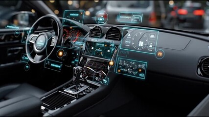 Disruptive technologies market AI innovation. Blockchain investment. 5G. IoT. Futuristic car interior with holographic controls and displays