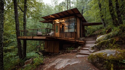 Modern wooden cabin retreat in serene forest setting