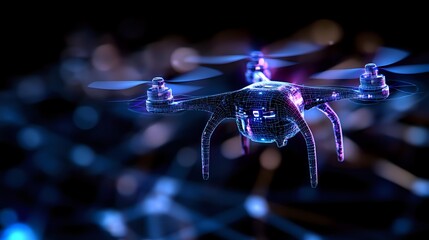 Flying drone with glowing blue LED lights against dark background creates futuristic atmosphere, modern technology concept for aerial photography and videography applications.