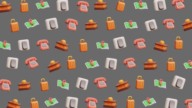 Hotel travel seamless pattern icons 3d render suitable for hospitality branding, tourism promotions, or digital backgrounds