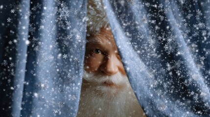 Santa Claus peers through blue curtains and falling snowflakes. A festive, mysterious winter shot.