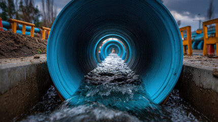 Blue plastic pipe tunnel with flowing water and repeating circular openings creating leading lines and dynamic perspective, wet concrete channel and construction barriers under cloudy sky