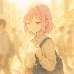 anime girl with pink hair looking sad and lonely in crowd emotional illustration with soft light and melancholy atmosphere