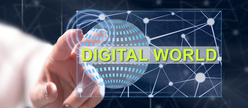 Woman touching a digital world concept