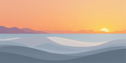 Serene ocean waves gently roll towards distant mountains under a vibrant warm sunset sky