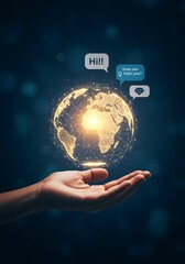 Global AI communication network concept, Glowing digital globe resting on a human hand with chatbot saying Hi! How can I help you, AI  technology global innovation, global AI connection