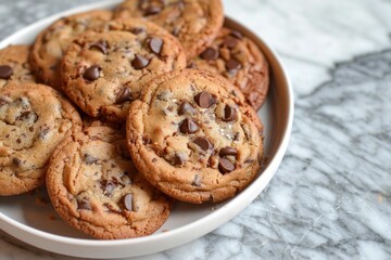 Delicious chocolate chip cookies stacked on a plate, fresh out of the oven