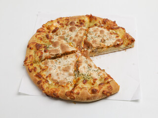 Cheese Pizza, whole and sliced, on white background